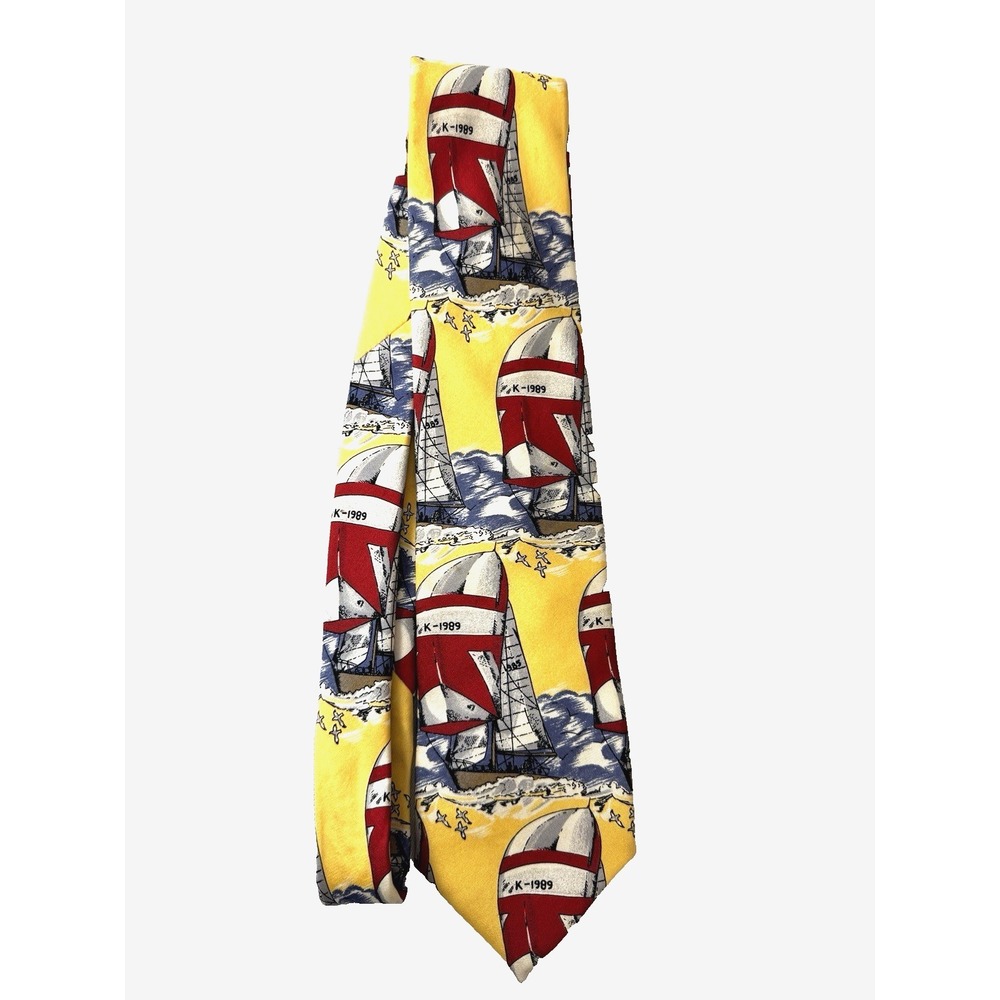 VTG Lands End Silk Neck Tie Yellow Red Blue Sailboat Nautical Coastal Preppy 57"